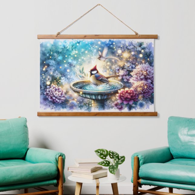 Cardinal at Birdbath Dreamy Garden Ar Hanging Tapestry (Living Room)