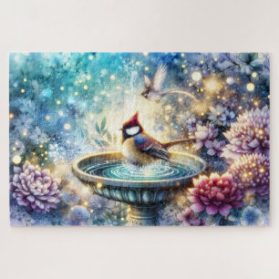 Cardinal at Birdbath Dreamy Garden Ar Jigsaw Puzzle