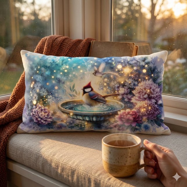 Cardinal at Birdbath Dreamy Garden Ar Lumbar Pillow (Cardinal at Birdbath Dreamy Garden Ar Lumbar Pillow Mockup D)