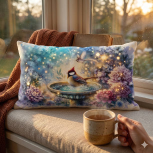 Cardinal at Birdbath Dreamy Garden Lumbar Pillow