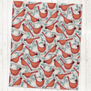 Cardinal Bird American Dogwood Flower Block Print Fleece Blanket