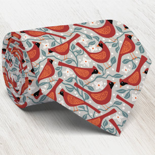 Cardinal Bird American Dogwood Flower Block Print Tie