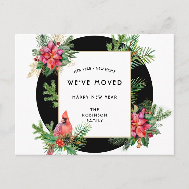 Cardinal Bird and Poinsettias New Year New Home Announcement Postcard (Front)