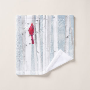 Cardinal Bird beautiful snowy Birch Tree Forest Wash Cloth