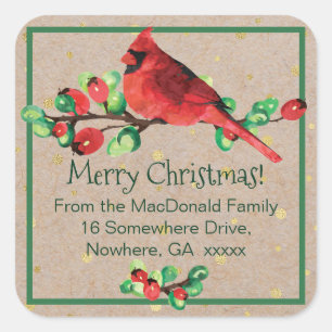 Cardinal Bird & Berries Lg. Sticker d'adresse carr