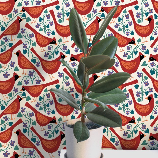 Cardinal Bird Blue Violet Flower Block Print Wallpaper (Northern red cardinal bird blue violet flower block print heritage arts and crafts style wallpaper)