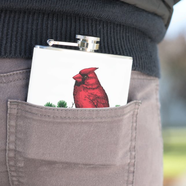 Cardinal bird, Christmas illustration Hip Flask (In Situ)