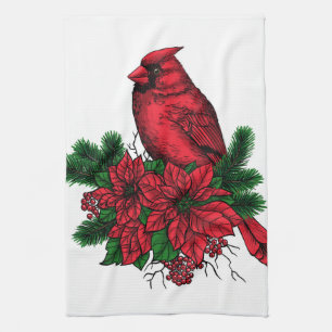 Cardinal bird, Christmas illustration Kitchen Towel