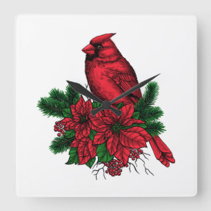 Cardinal bird, Christmas illustration Square Wall Clock