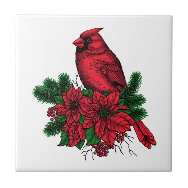 Cardinal bird, Christmas illustration Tile (Front)