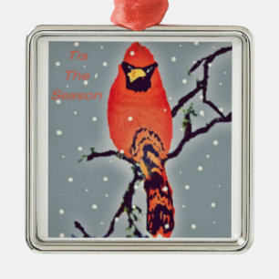 Cardinal Bird In Snowfall Metal Ornament