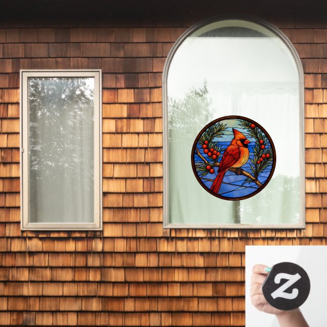 Cardinal Bird In The Berry Bush Faux Stained Glass Window Cling (Home Window)