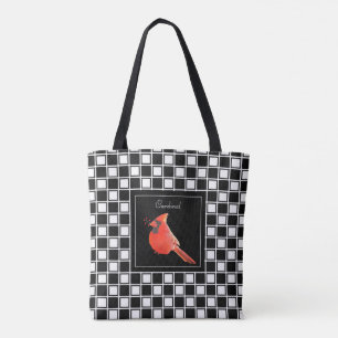 Cardinal bird on black white chequered pattern tote bag