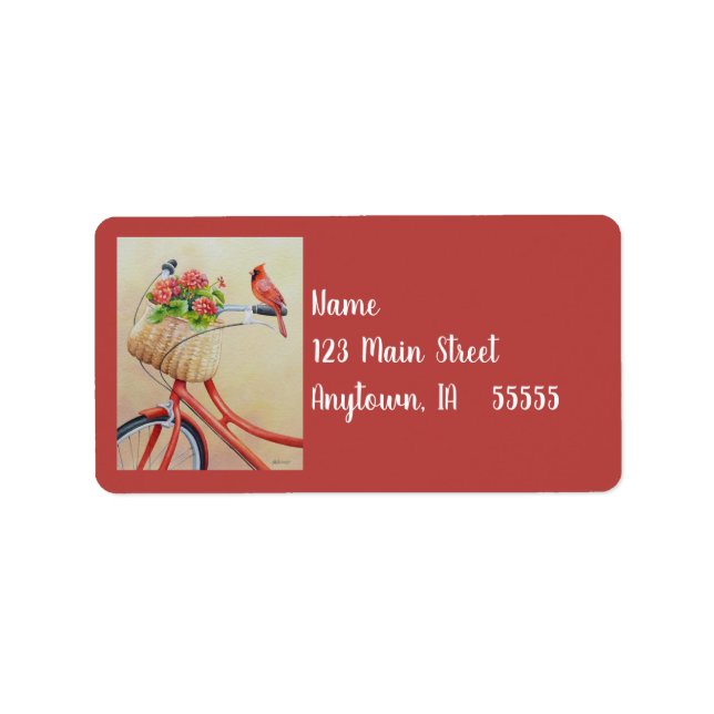 Cardinal Bird Perched on Bicycle Watercolor Art Label (Front)