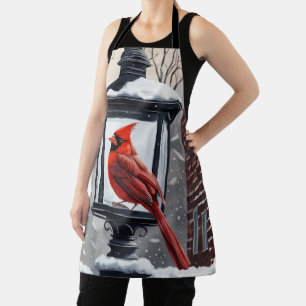 Cardinal Bird Sat On A Snow Covered Street Lantern Apron