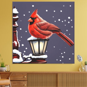 Cardinal Bird Sat On A Snow Covered Street Lantern Canvas Print