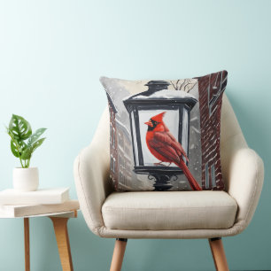 Cardinal Bird Sat On A Snow Covered Street Lantern Throw Pillow