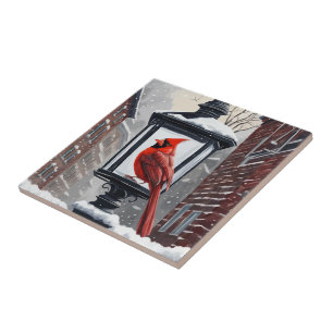 Cardinal Bird Sat On A Snow Covered Street Lantern Tile