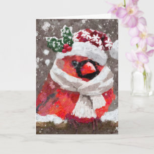 Cardinal Bird Scarf & Hat in Snow Christmas Card