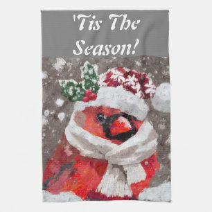 Cardinal Bird Scarf & Hat in Snow Christmas Kitchen Towel