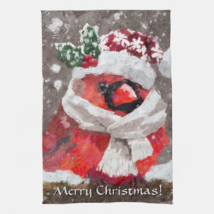 Cardinal Bird Scarf & Hat in Snow Christmas Kitchen Towel