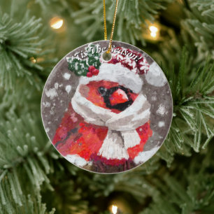 Cardinal Bird Scarf Hat Snow Christmas Seasonal Ceramic Ornament