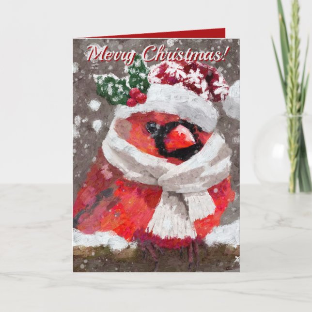 Cardinal Bird Scarf Hat Snow Holiday Card (Front)