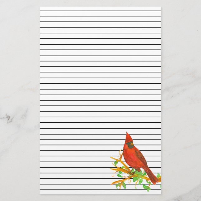 Cardinal Bird Watercolor Black Lined Stationery (Front)