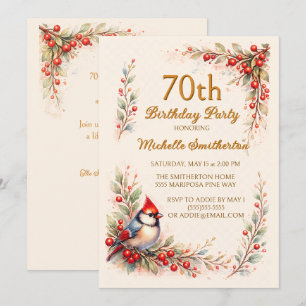 Cardinal Bird Watercolor Floral 70th Birthday Invitation