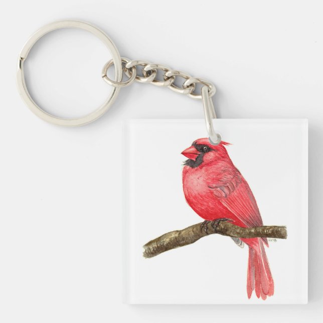 Cardinal bird watercolor keychain (Front)
