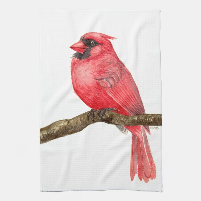 Cardinal bird watercolor kitchen towel (Vertical)
