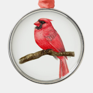 Cardinal bird watercolor metal ornament