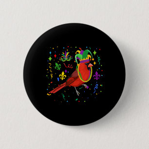 Cardinal Bird Wearing Mardi Gras Beads Jester Hat 2 Inch Round Button