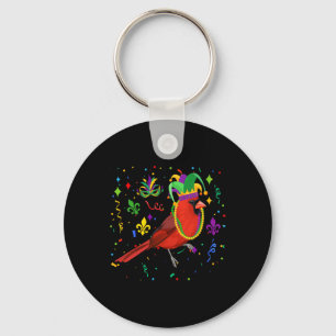 Cardinal Bird Wearing Mardi Gras Beads Jester Hat Keychain