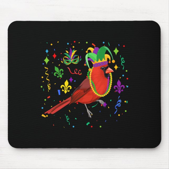 Cardinal Bird Wearing Mardi Gras Beads Jester Hat  Mouse Pad (Front)