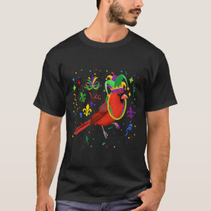 Cardinal Bird Wearing Mardi Gras Beads Jester Hat T-Shirt
