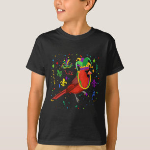 Cardinal Bird Wearing Mardi Gras Beads Jester Hat  T-Shirt