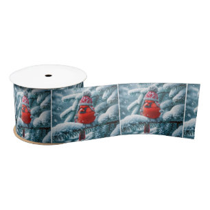 Cardinal Bird Wearing Winter Hat Satin Ribbon