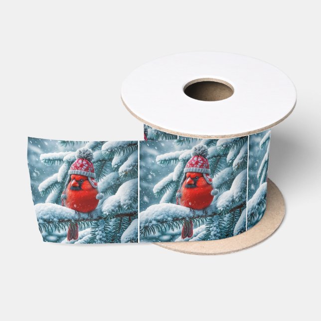Cardinal Bird Wearing Winter Hat Satin Ribbon (Spool)