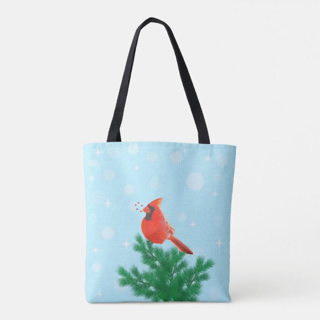 Cardinal bird & wild berries on light blue tote bag (Back)