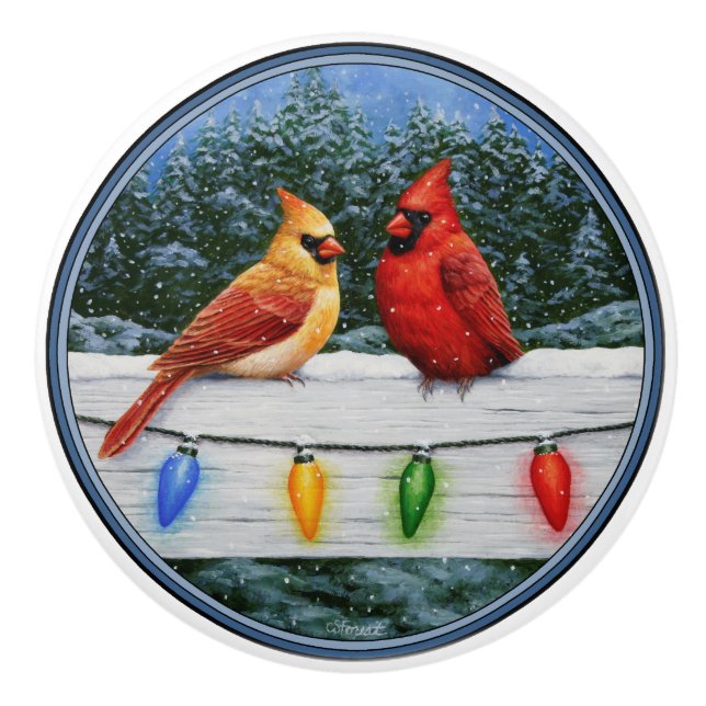 Cardinal Birds and Christmas Lights Ceramic Knob (Front)