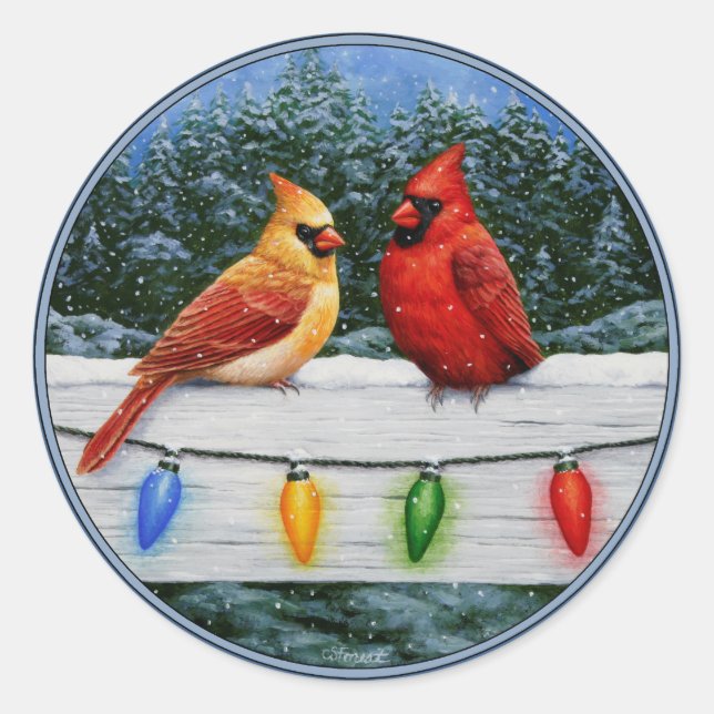 Cardinal Birds and Christmas Lights Classic Round Sticker (Front)
