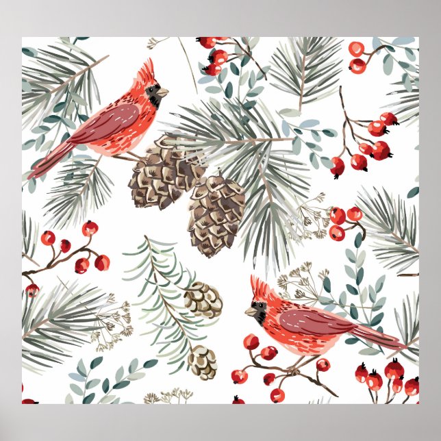 Cardinal Birds Christmas Vintage Pattern Poster (Front)