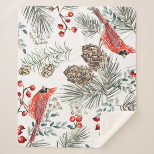 Cardinal Birds Christmas Vintage Pattern Sherpa Blanket