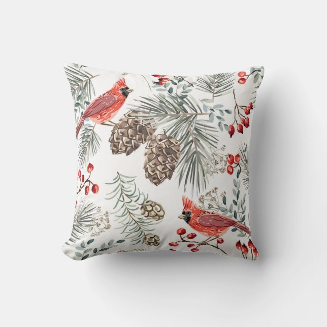 Cardinal Birds Christmas Vintage Pattern Throw Pillow (Front)
