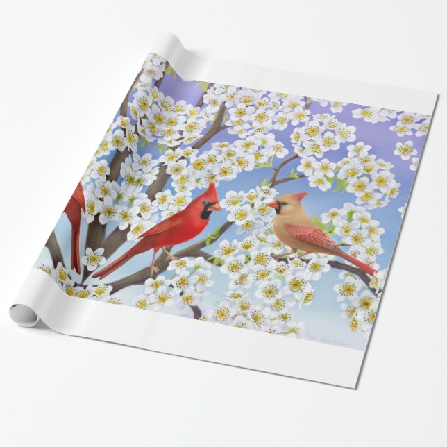 Cardinal Birds in Apple Blossoms Gift Wrap (Unrolled)