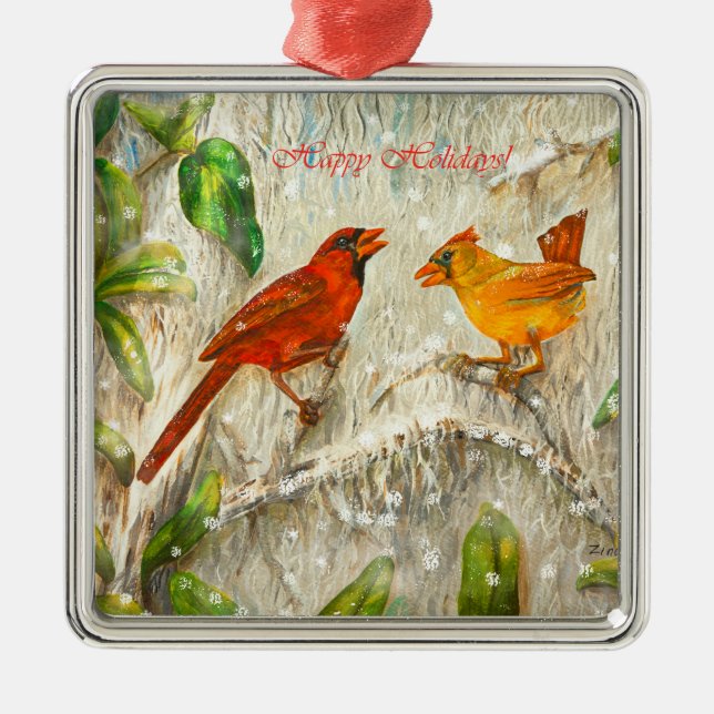 Cardinal birds in snow metal ornament (Front)