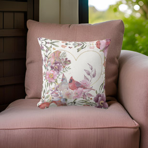 CARDINAL BIRDS LOVE HEART FLORAL THROW PILLOW