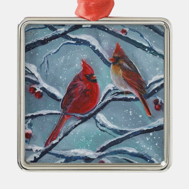 Cardinal birds winter by Renee Lavoie  Metal Ornament (Front)