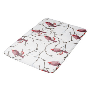 Cardinal Birds, Winter Cherries and Snow Pattern Bath Mat
